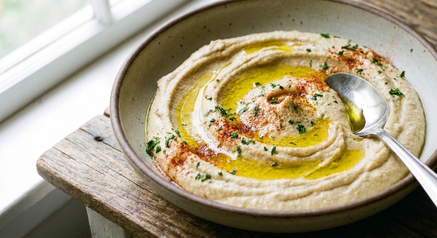 A close-up of hummus swirled in a bowl with olive oil pooling in the grooves and a dusting of paprika