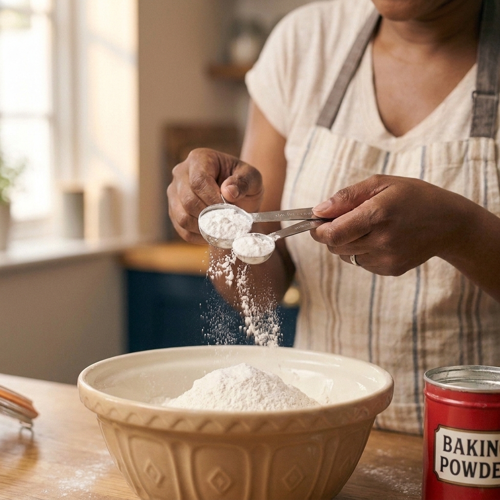 A close-up of measuring spoons scooping baking powder over a bowl of flour on a kitchen counter
