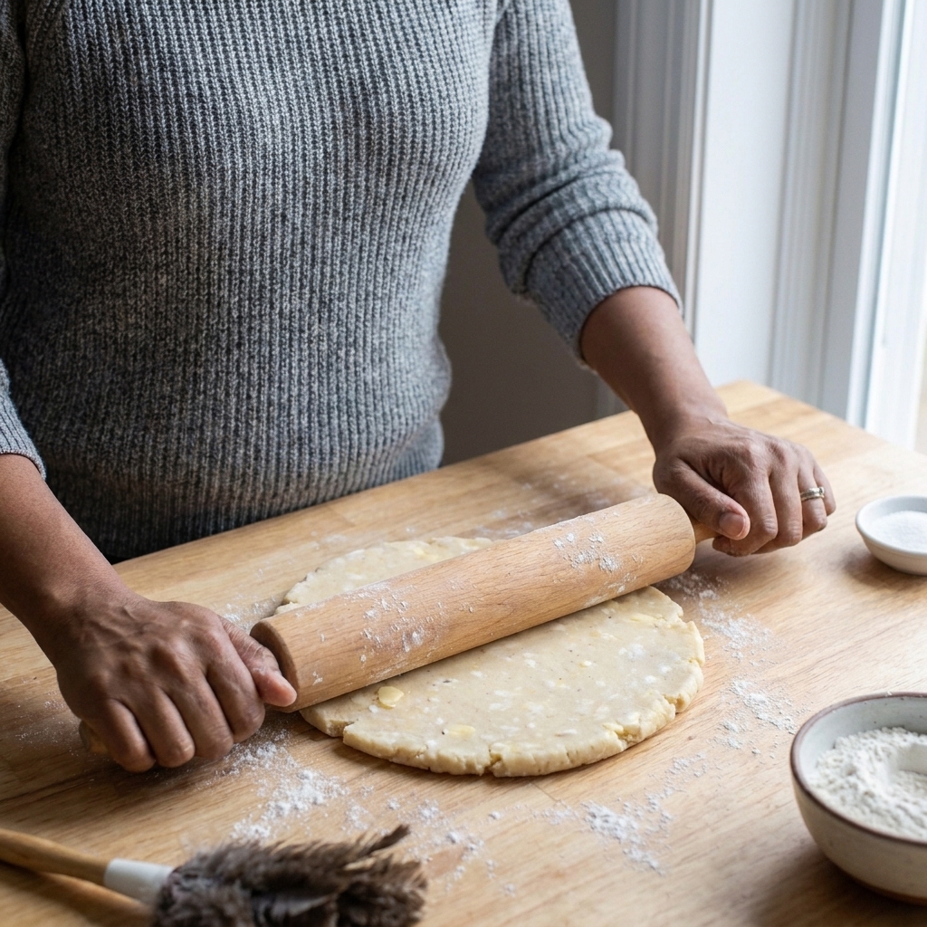 A close-up photo of pie dough being rolled into a round on a lightly floured countertop with a wooden rolling pin