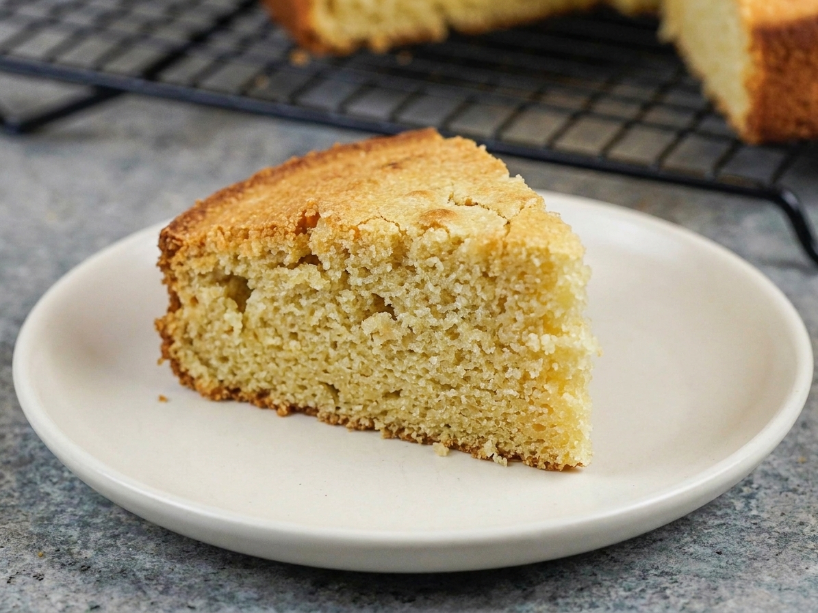 A close view of a cake slice with a crumbly, dry texture on a dessert plate
