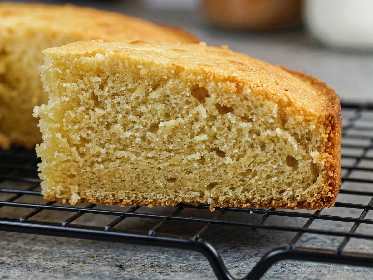 A close view of a sliced cake showing a tight, dense crumb with small holes and a slightly gummy texture