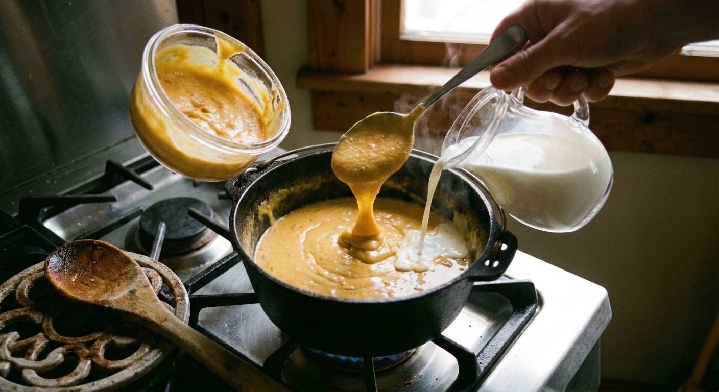 A container of chilled cheese sauce being spooned into a small pot with a splash of milk