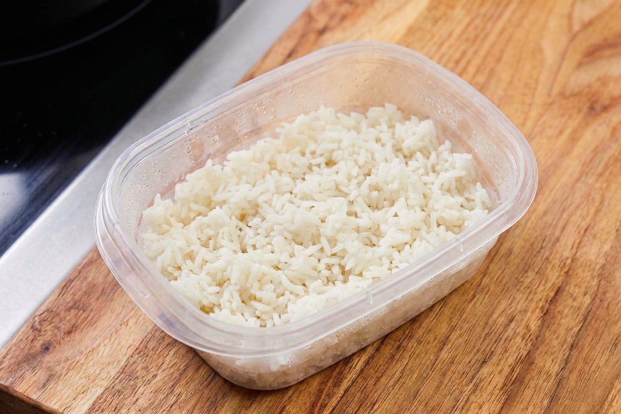 A container of chilled cooked jasmine rice with visible separate grains on a kitchen counter