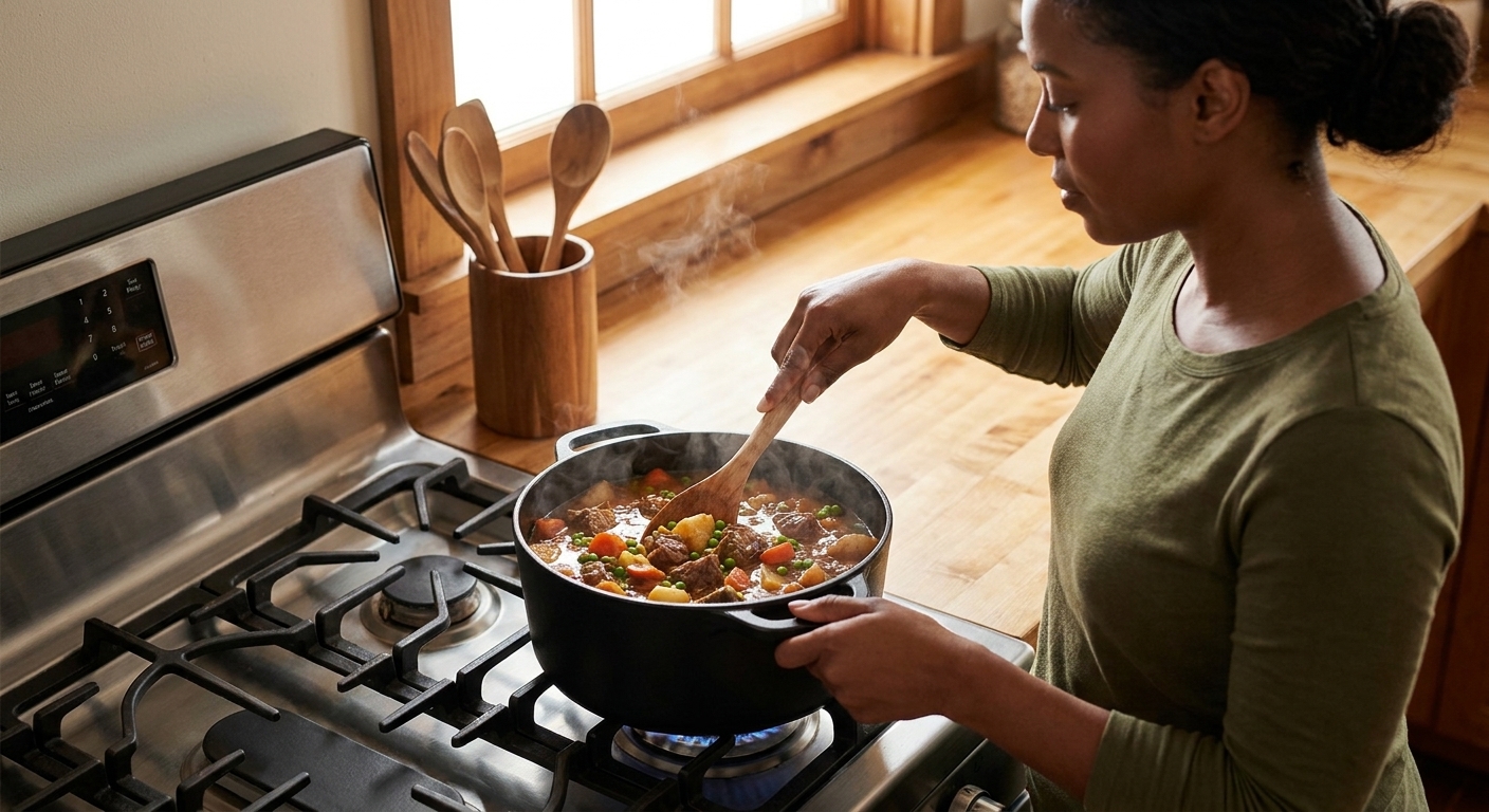 A cook stirring a pot of beef stew with a wooden spoon on the stovetop