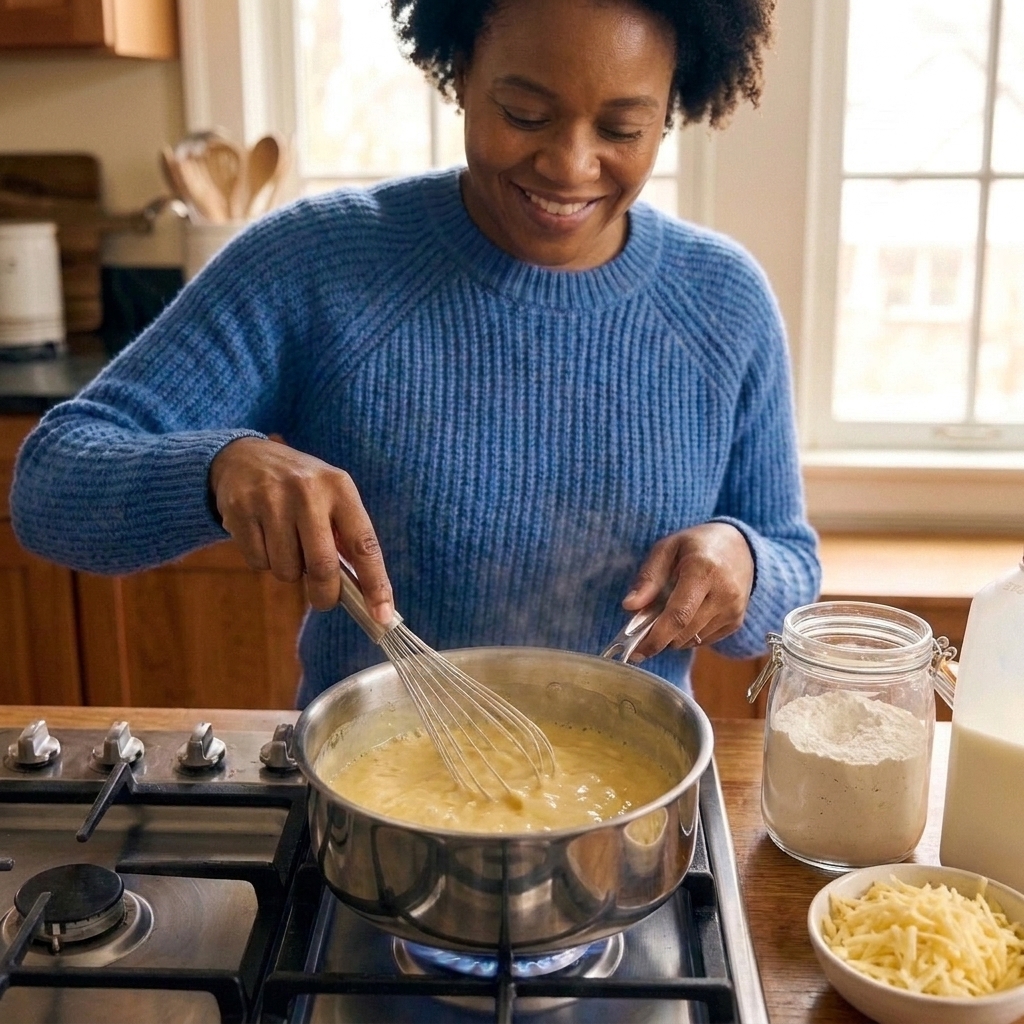 A cook whisking a creamy cheese sauce in a saucepan on the stove