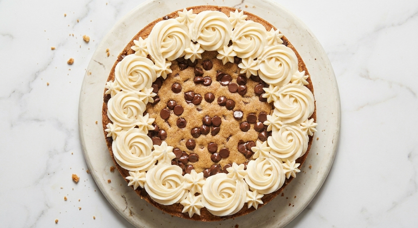 A cookie cake topped with piped vanilla buttercream swirls around the edge on a serving platter