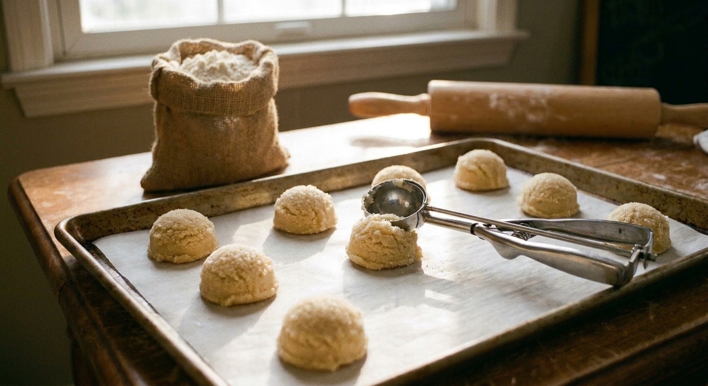 A cookie scoop portioning sugar cookie dough onto a parchment-lined baking sheet