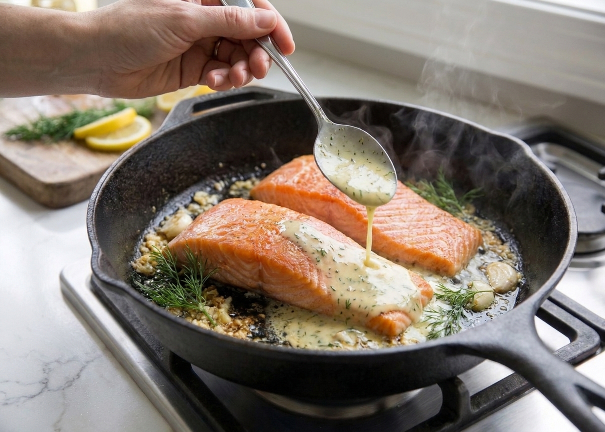 A cook's hands spooning creamy lemon herb sauce over salmon fillets in a skillet on a stovetop