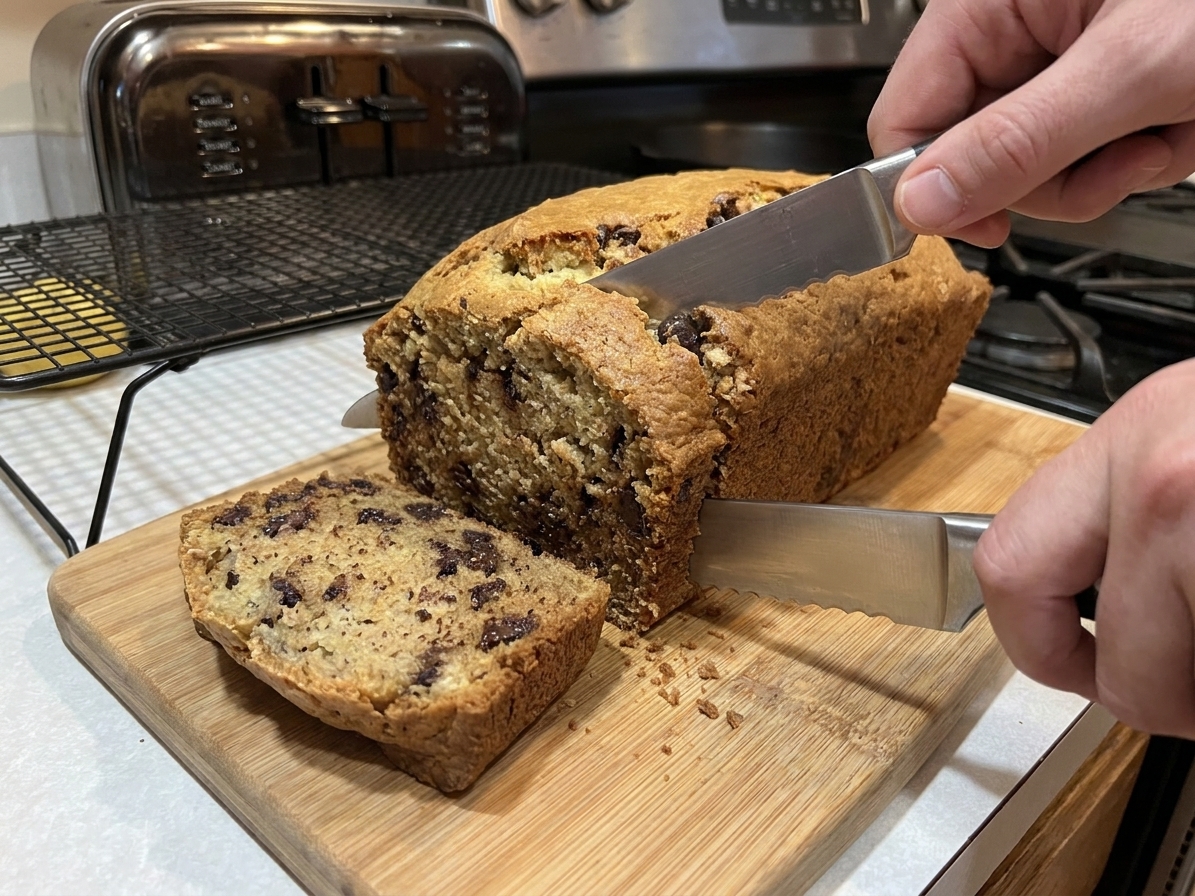 A cooled loaf of banana bread being sliced on a wooden cutting board, showing a moist crumb