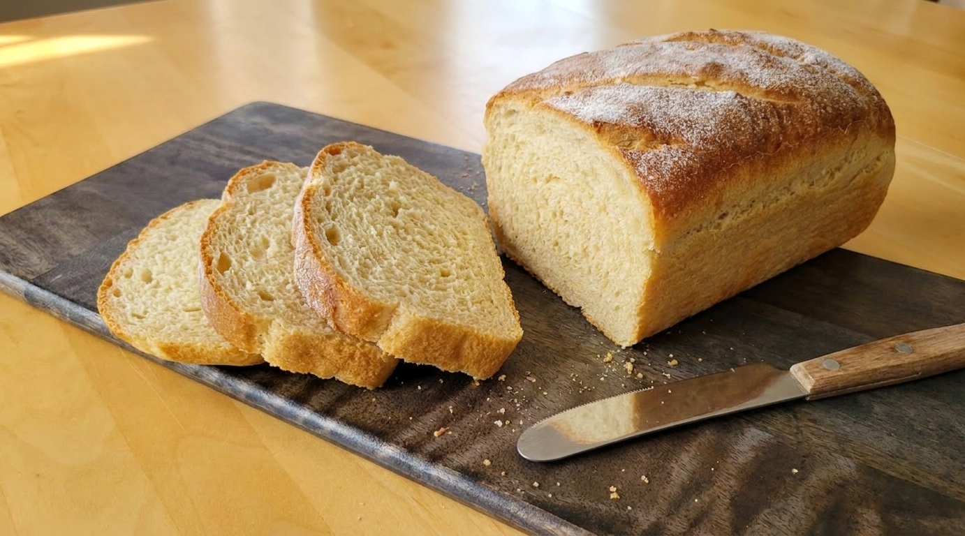 A cooled loaf of homemade bread sliced on a wooden cutting board with a butter knife nearby