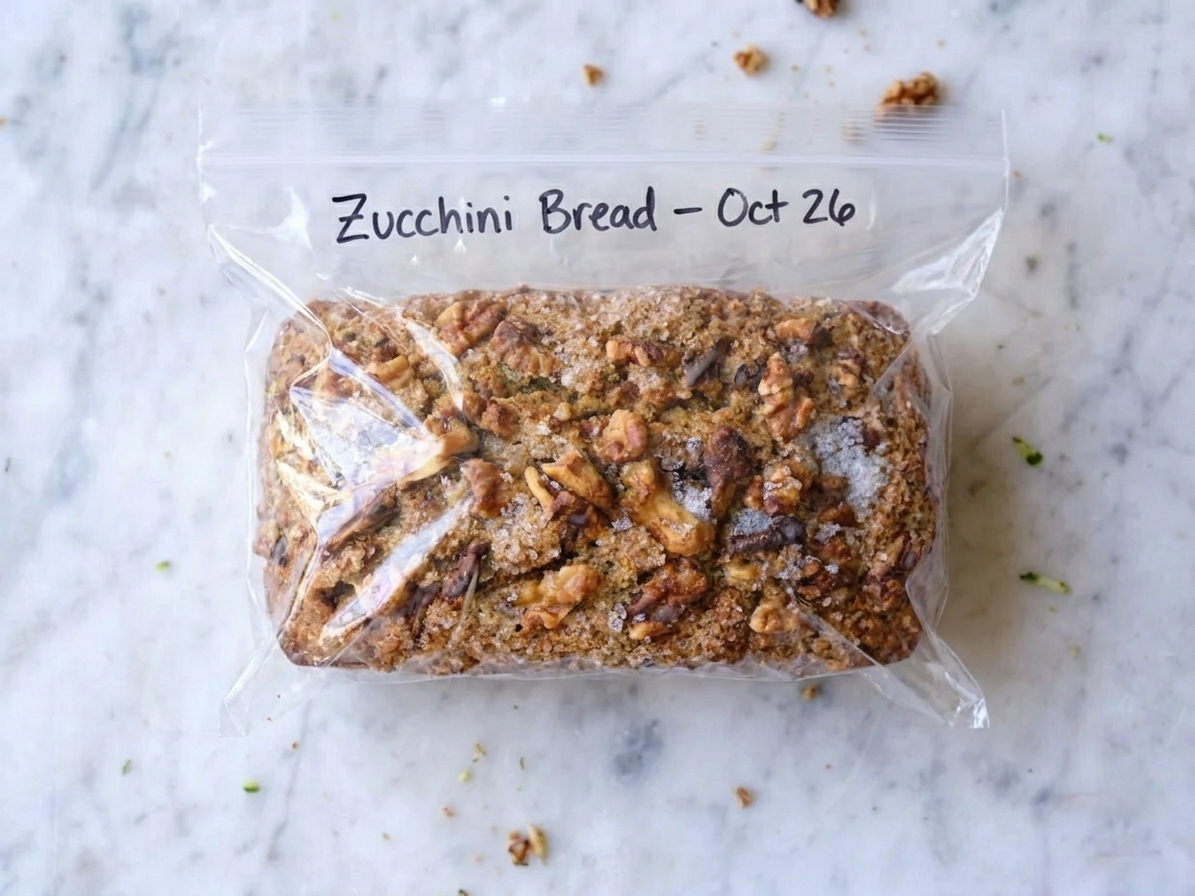 A cooled loaf of zucchini bread wrapped in plastic wrap and placed in a labeled freezer bag on a kitchen counter