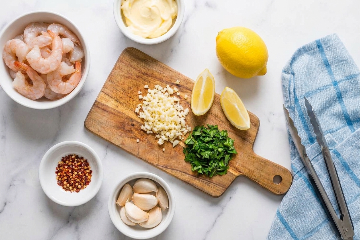 A countertop setup with peeled shrimp, butter, garlic, a lemon, parsley, and red pepper flakes ready for cooking