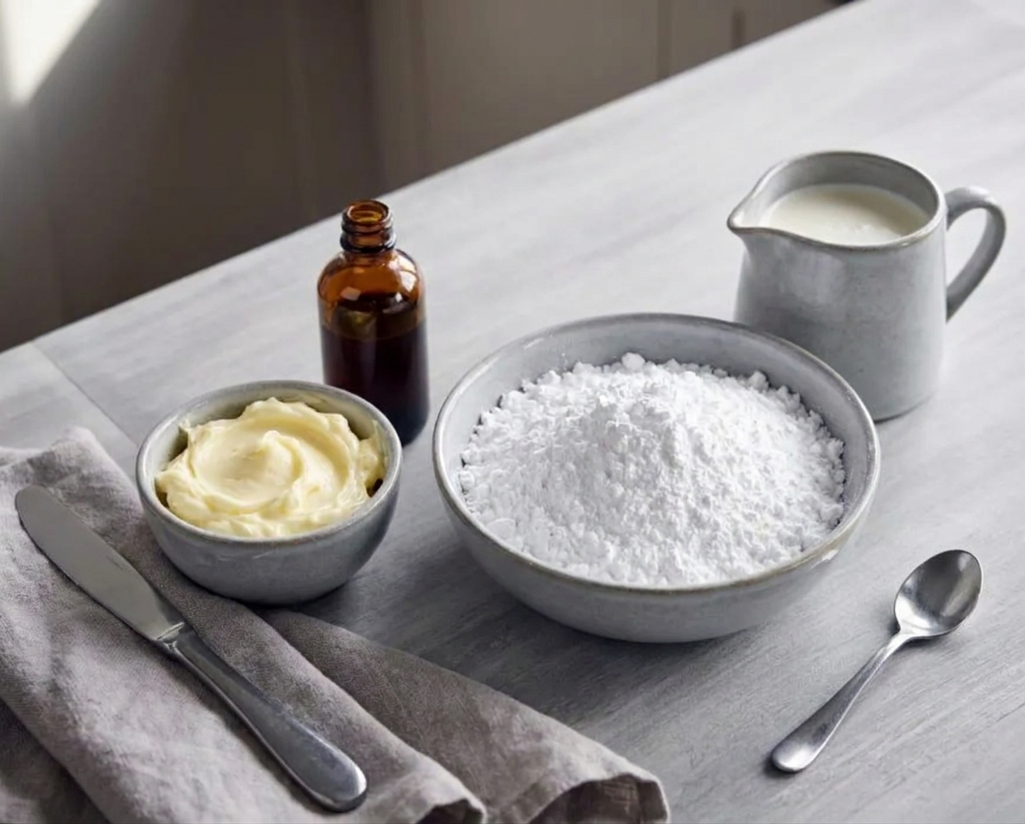 A countertop setup with softened butter, a bowl of powdered sugar, vanilla extract, and a small pitcher of cream ready for buttercream