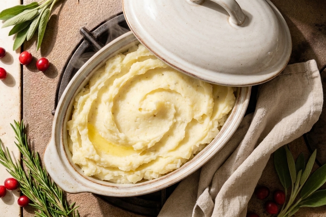 A covered baking dish of mashed potatoes on a kitchen counter with a towel beside it