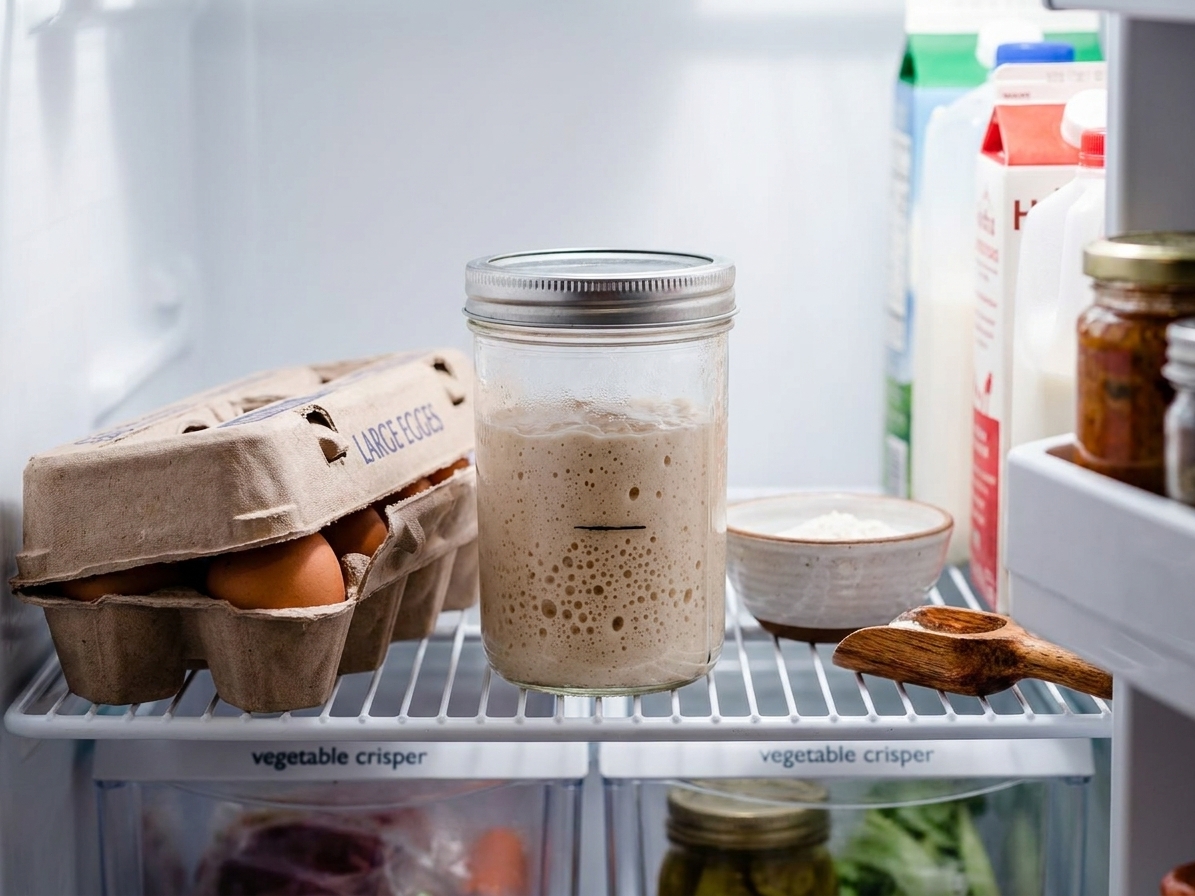 A covered glass jar of sourdough starter sitting on a refrigerator shelf next to a carton of eggs and a small bowl