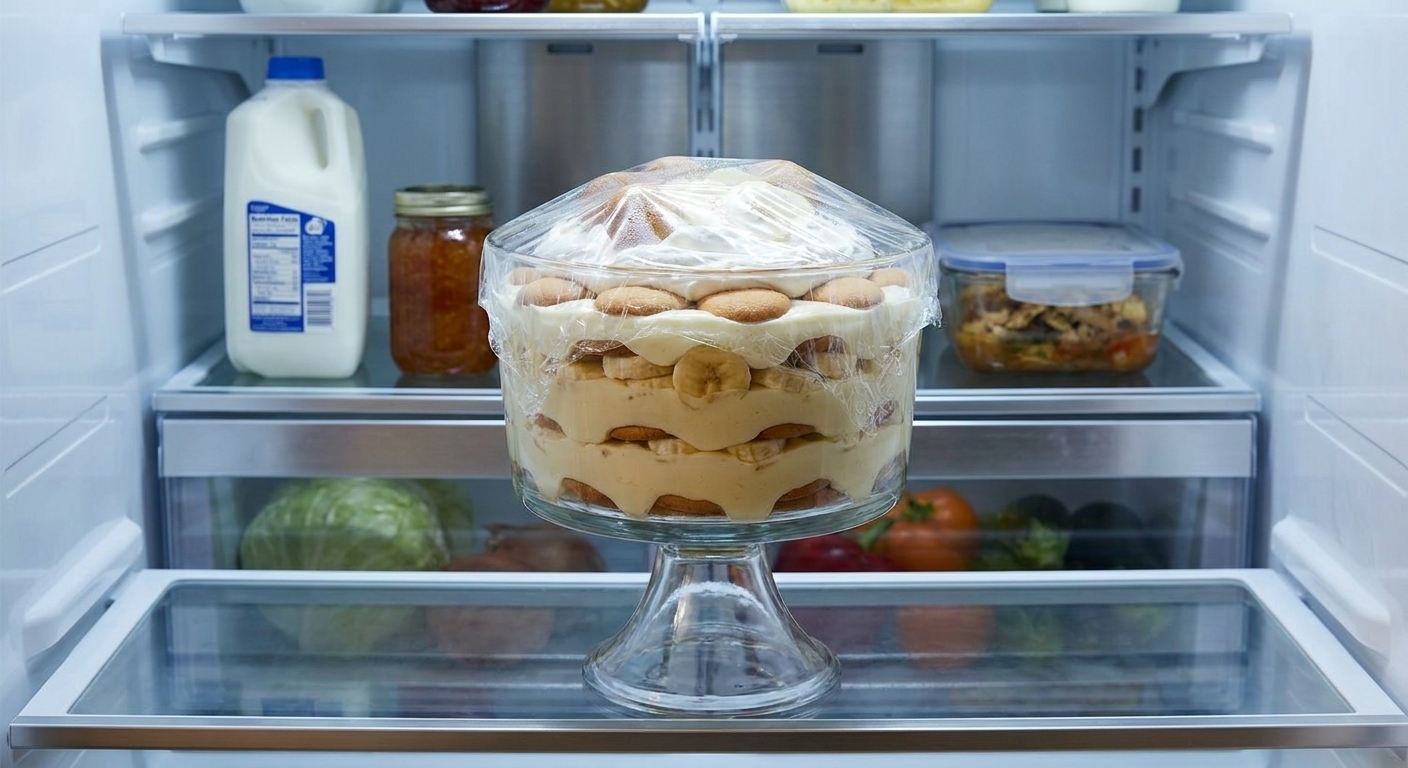 A covered trifle dish of banana pudding resting on a refrigerator shelf to chill overnight