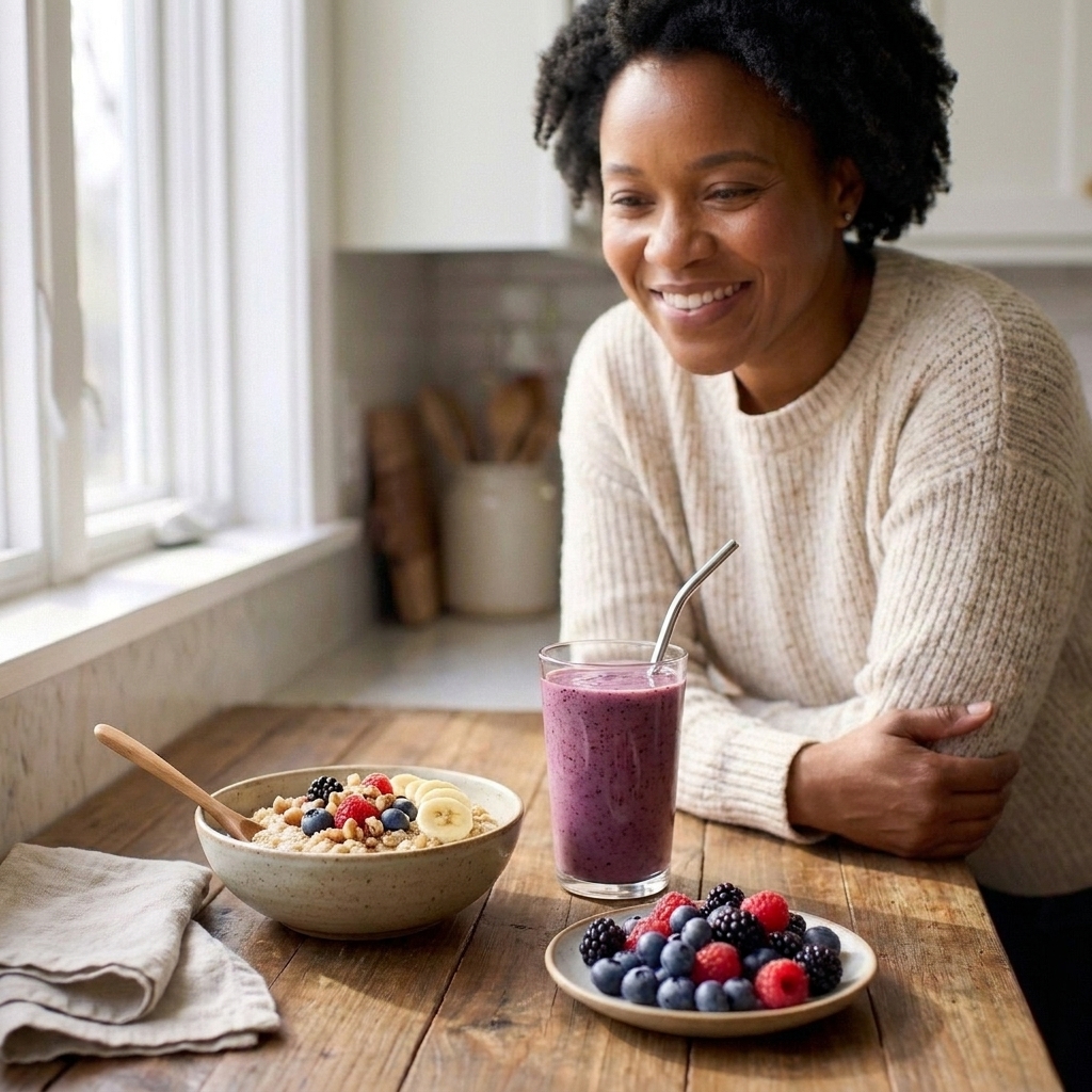 A cozy breakfast table set with a bowl of oats, a smoothie, and a small plate of berries in soft morning light