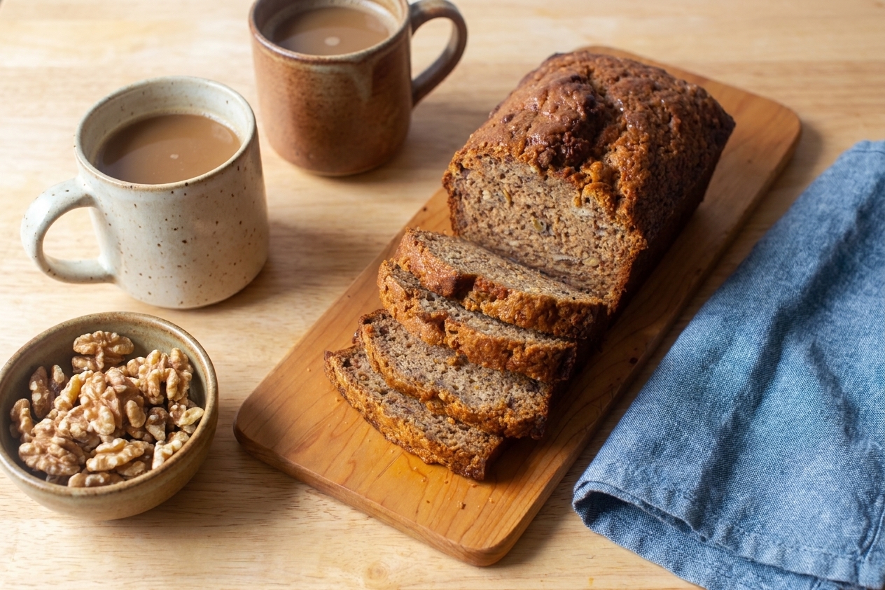 A cozy breakfast table setting with a sliced banana bread loaf on a wooden board, coffee mugs, and a small bowl of walnuts