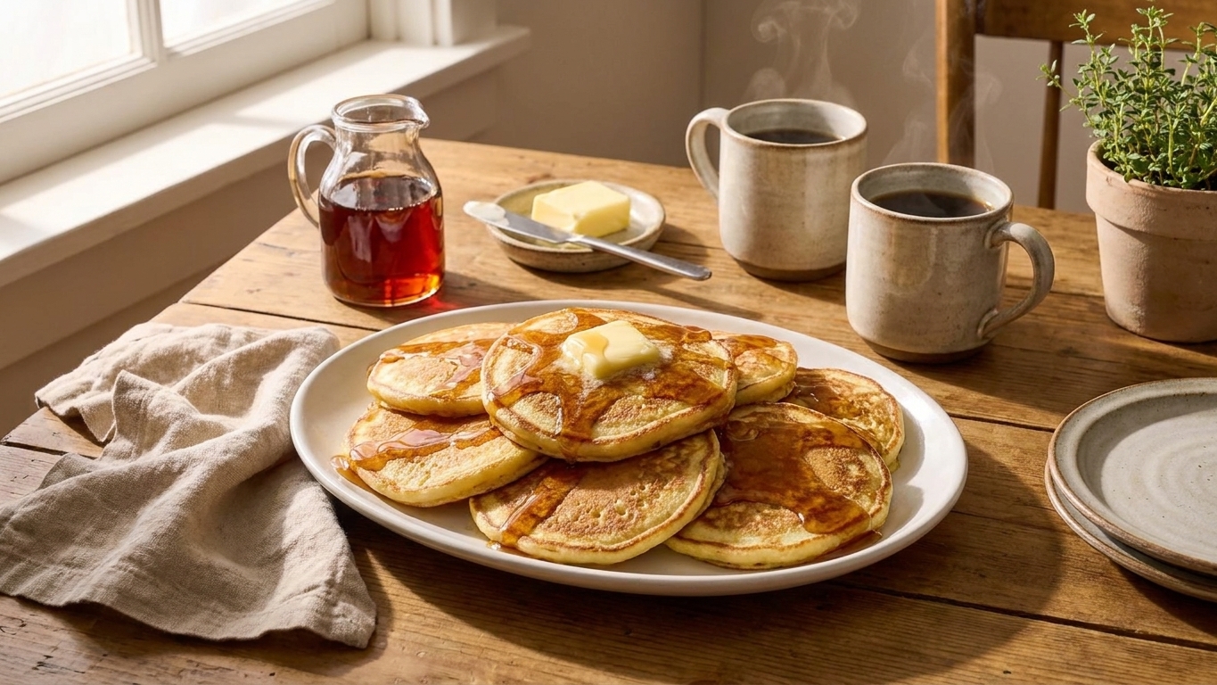 A cozy breakfast table with a platter of pancakes, a small pitcher of maple syrup, butter dish, and coffee mugs in morning light