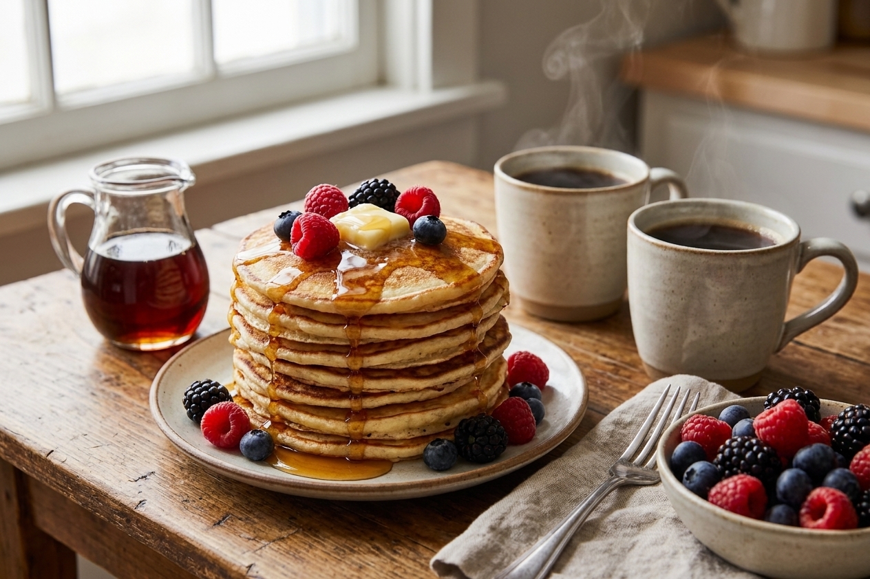 A cozy breakfast table with a stack of pancakes, a small pitcher of maple syrup, coffee mugs, and fresh berries in a bowl