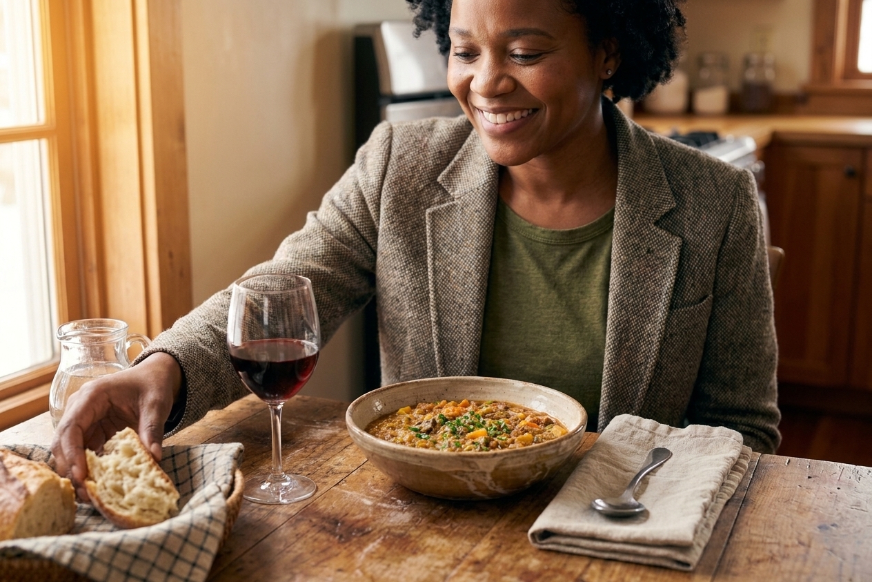 A cozy dinner table set with a bowl of beef stew, crusty bread, and a simple cloth napkin