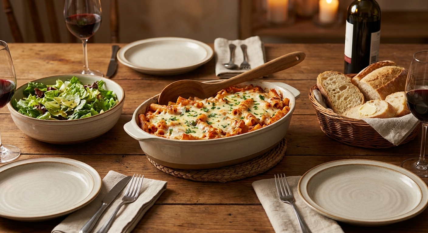 A cozy dinner table set with a casserole dish of baked ziti, a green salad in a bowl, and a basket of bread, ready for serving