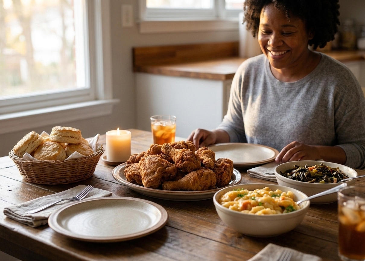 A cozy dinner table set with a platter of crispy fried chicken, biscuits, and simple sides in warm evening light