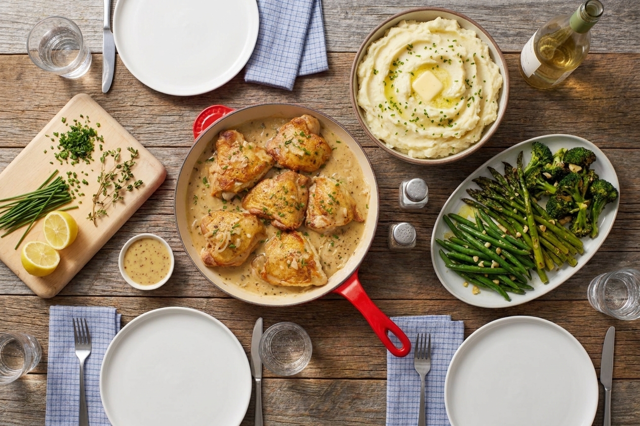 A cozy dinner table set with a skillet of honey mustard chicken, a bowl of mashed potatoes, and a platter of roasted green vegetables