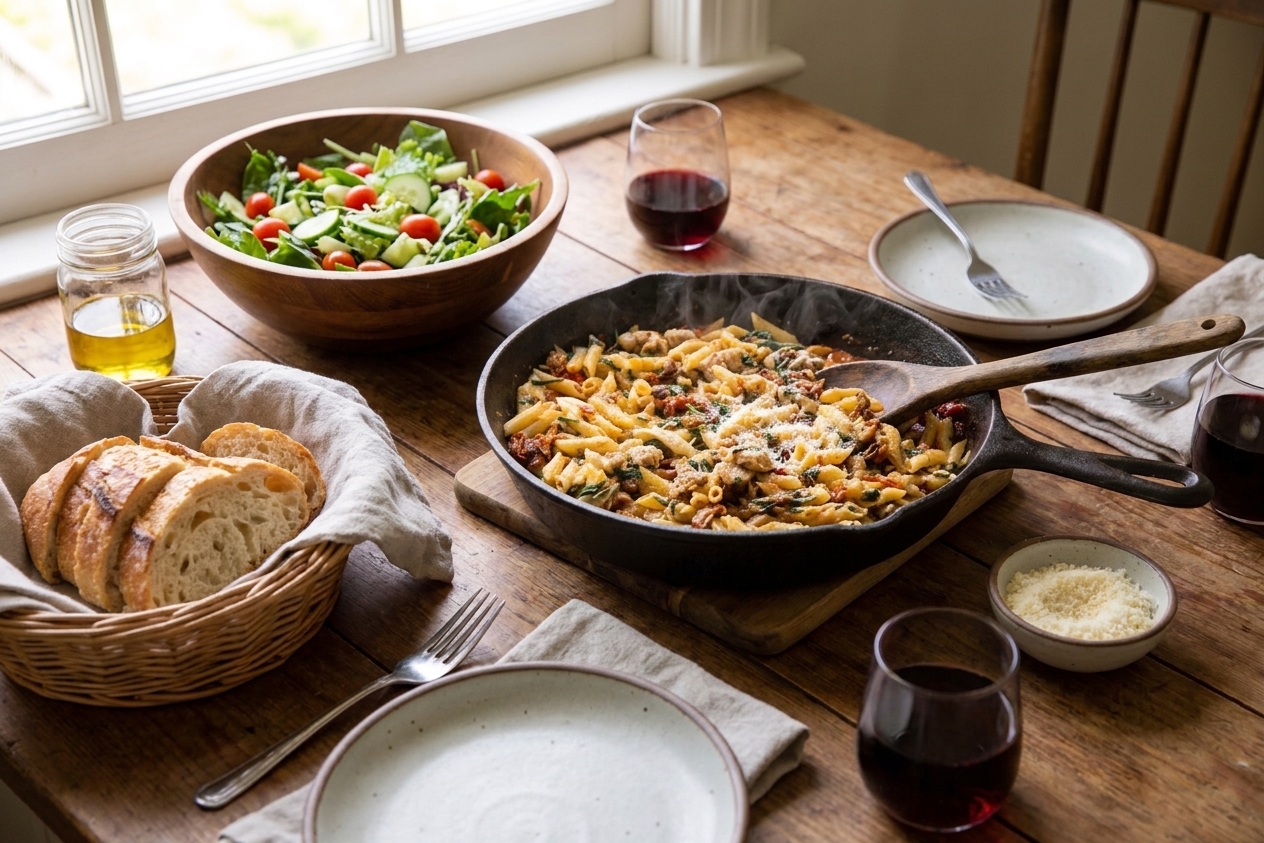 A cozy dinner table set with a skillet of rustic chicken and pasta, small plates, a green salad bowl, and warm bread on a linen napkin