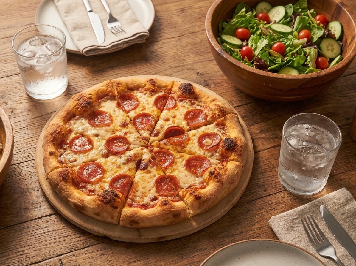 A cozy dinner table set with a sliced homemade pizza on a wooden board, salad bowl nearby, and glasses of water ready to serve