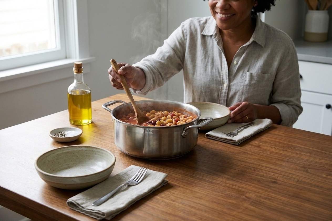 A cozy dinner table set with bowls, forks, and a simple linen napkin next to a pot of soup ready to be served
