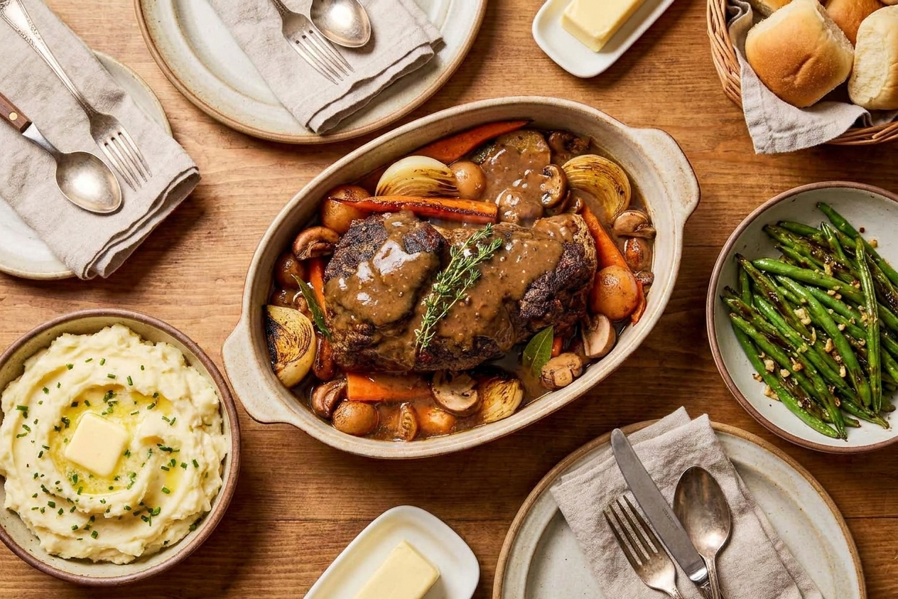 A cozy dinner table set with bowls of mashed potatoes, roasted green beans, and a serving dish of pot roast in gravy