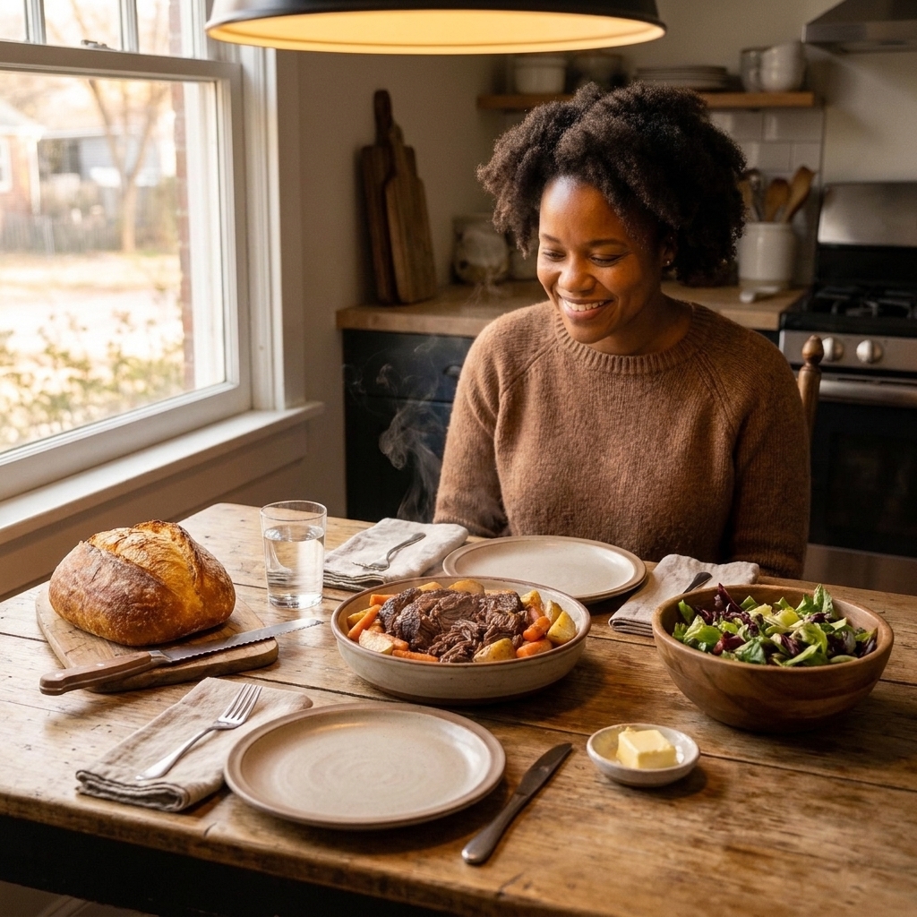 A cozy dinner table set with bowls of pot roast, a loaf of crusty bread, and a simple green salad ready to serve