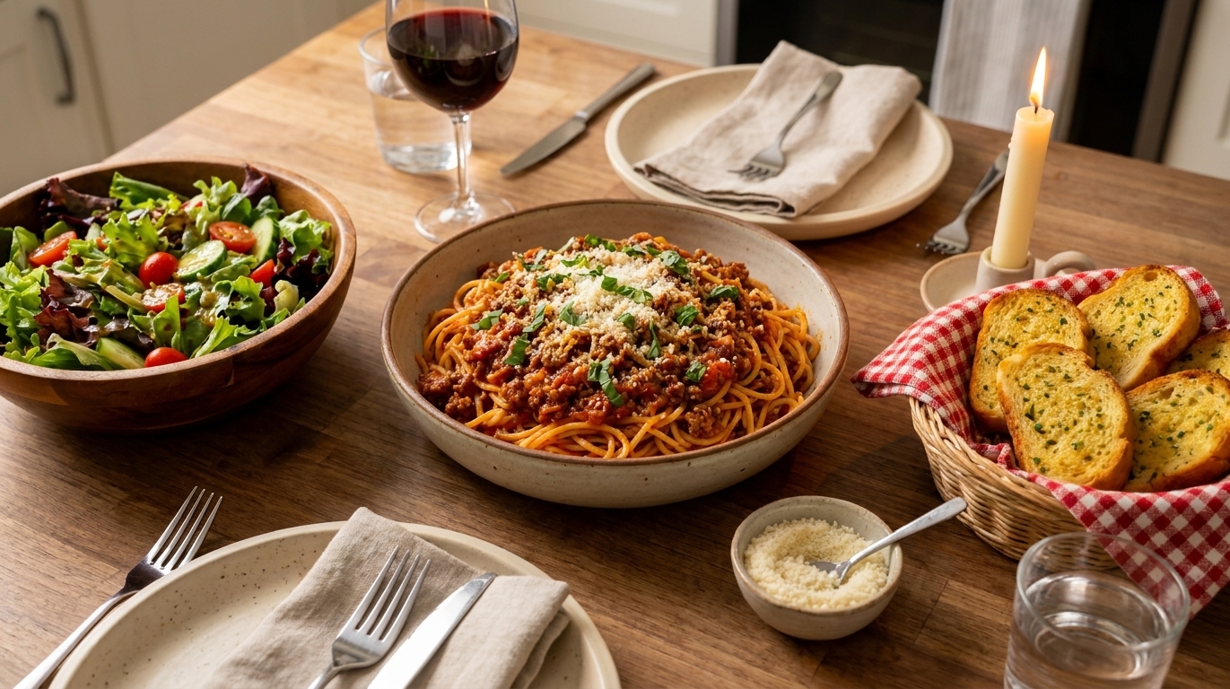 A cozy dinner table set with bowls of spaghetti and meat sauce, a salad bowl, a basket of garlic bread, and a small dish of grated Parmesan