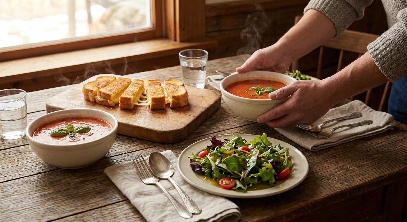 A cozy dinner table set with bowls of tomato soup, a plate of grilled cheese dippers, and a simple green salad