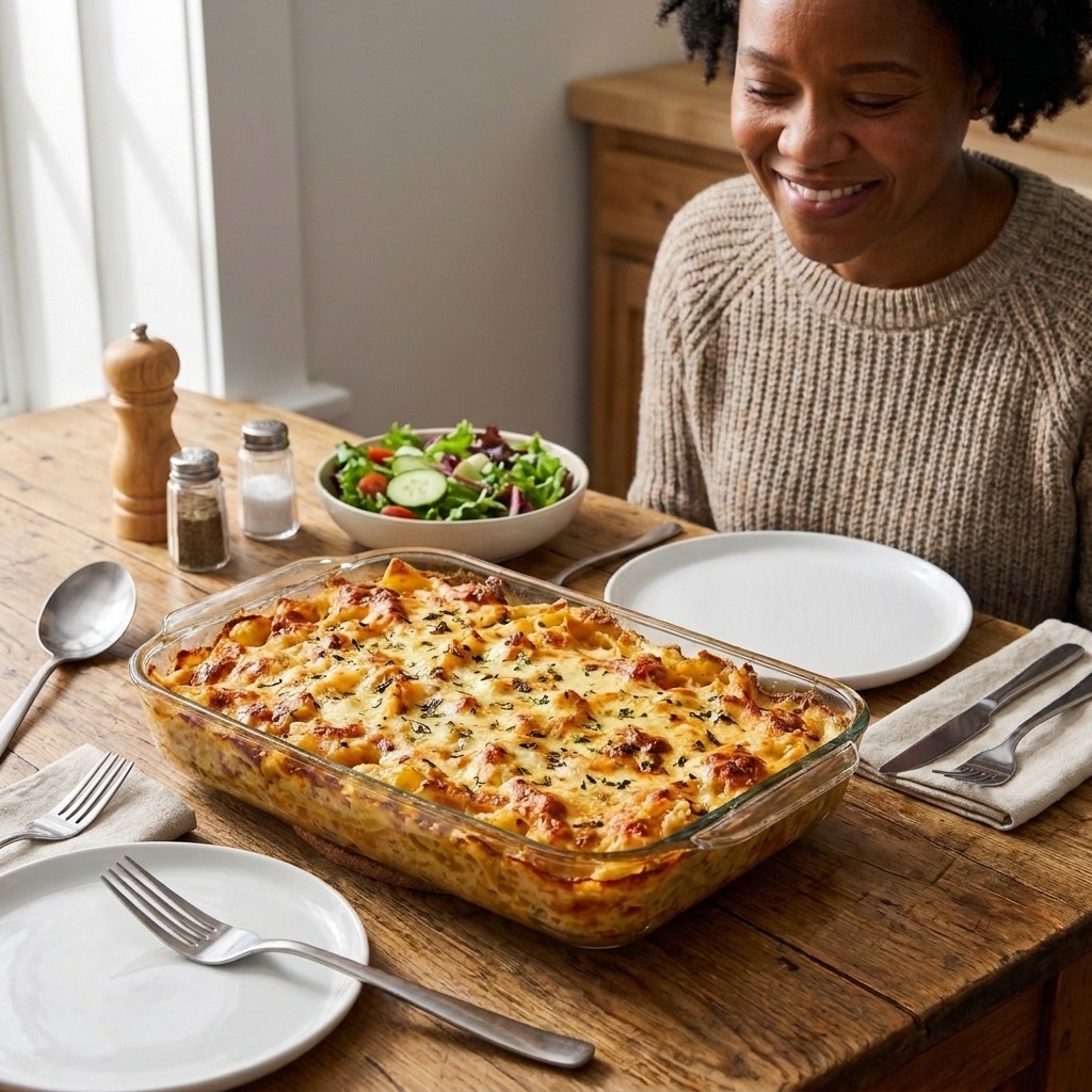 A cozy dinner table set with plates and a serving dish of casserole in the center, with a simple green salad nearby