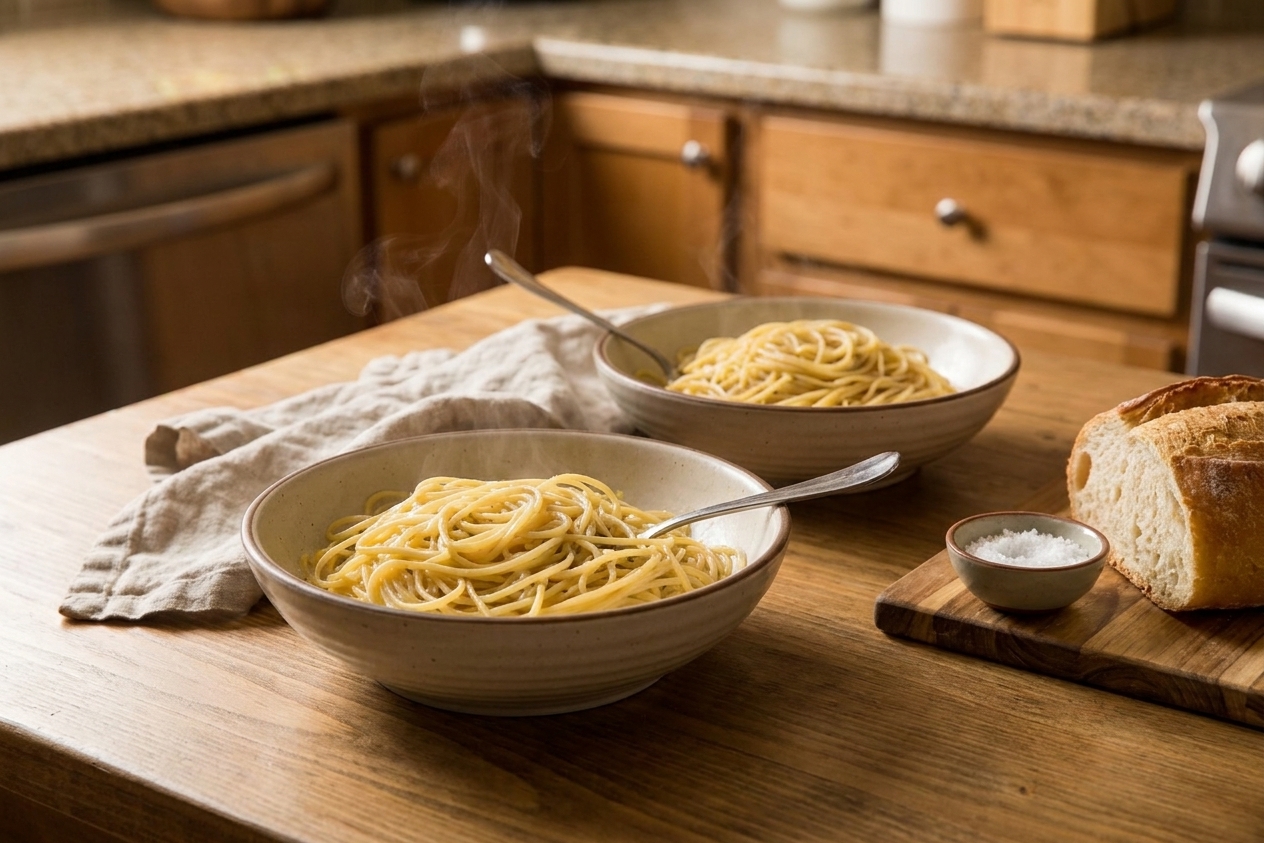 A cozy dinner table set with simple bowls, forks, and a linen napkin, ready for a quick weeknight meal