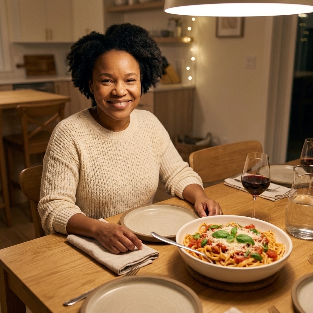 A cozy dinner table set with simple plates, cloth napkins, warm lighting, and a plated bowl of pasta ready to be served