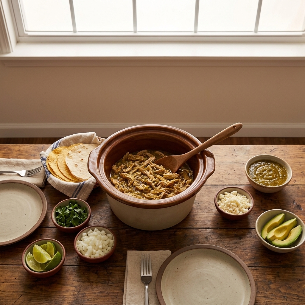 A cozy dinner table set with tortillas, a bowl of salsa verde shredded chicken, and simple toppings ready for serving