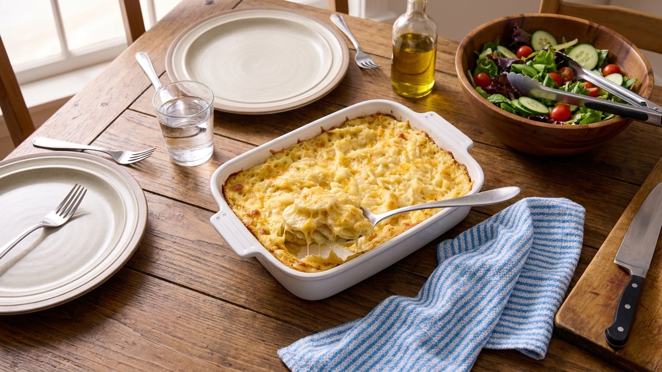 A cozy dinner table setting with a baking dish of cheesy potato casserole surrounded by plates, salad bowl, and serving utensils
