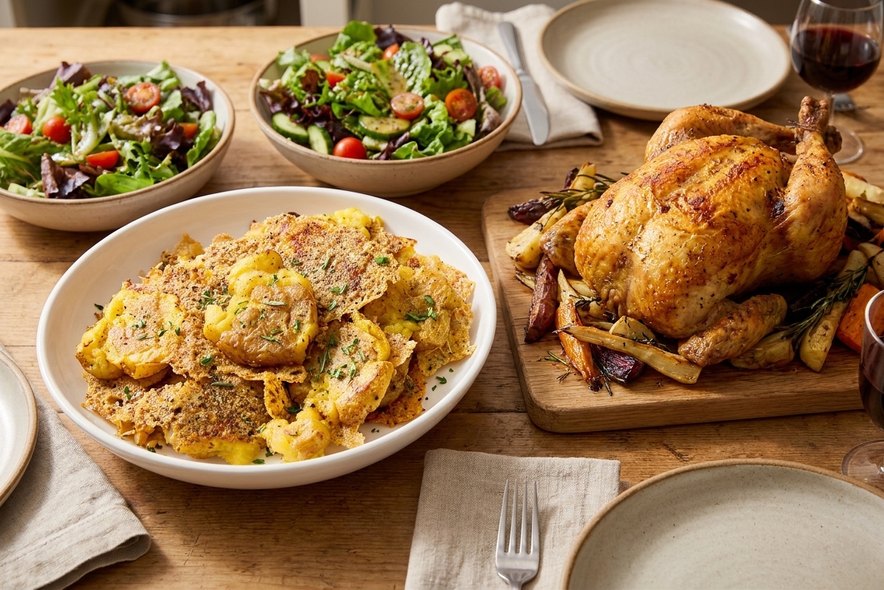 A cozy dinner table setting with a bowl of Parmesan smashed potatoes alongside roasted chicken and a green salad