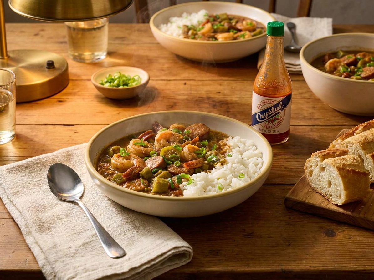 A cozy dinner table setting with a bowl of shrimp gumbo over rice, a spoon on a linen napkin, and hot sauce nearby