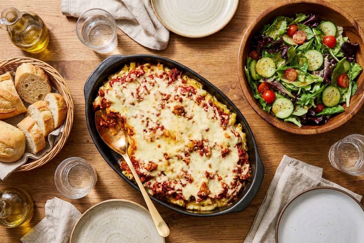 A cozy dinner table setting with a pan of baked ziti, salad bowl, and bread basket ready to serve
