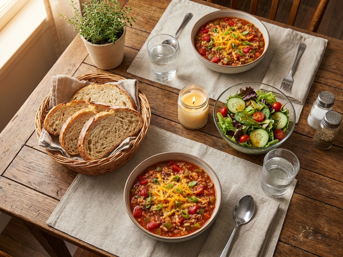 A cozy dinner table setting with bowls of stuffed pepper soup, a basket of crusty bread, and a simple green salad