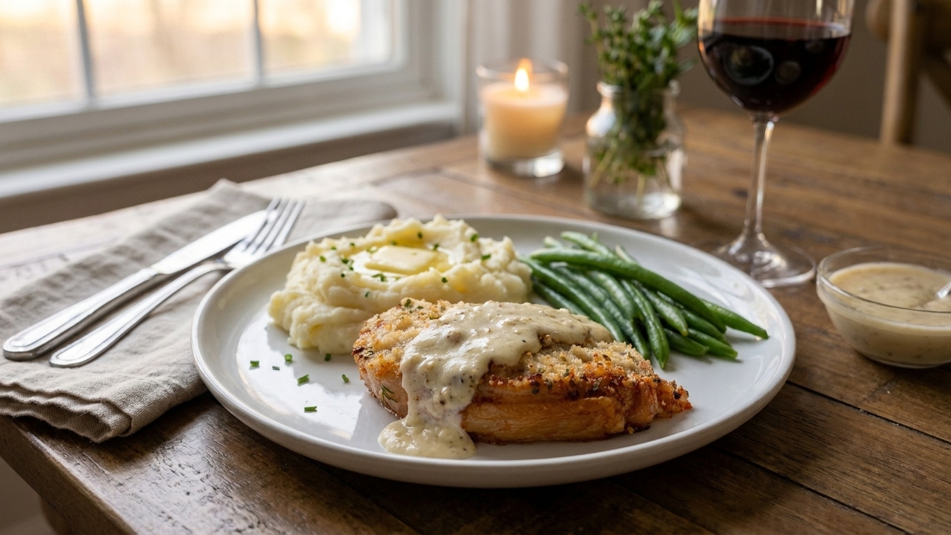 A cozy dinner table setting with plates of pork chops topped with creamy sauce, mashed potatoes on the side, and a simple green vegetable