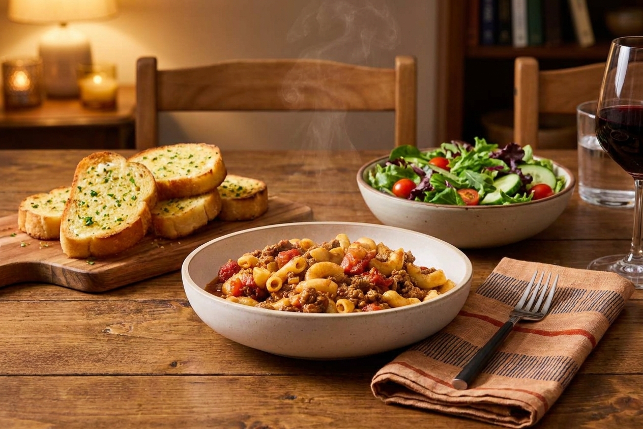 A cozy dinner table with a bowl of American goulash, a green salad, and slices of garlic bread on a plate with warm lighting