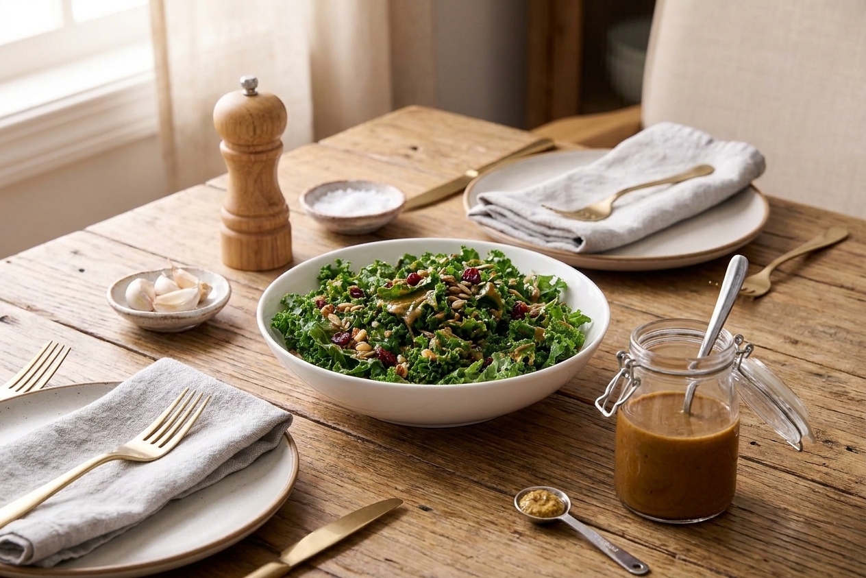 A cozy dinner table with a bowl of green salad, a small jar of balsamic vinaigrette, and simple place settings ready to eat