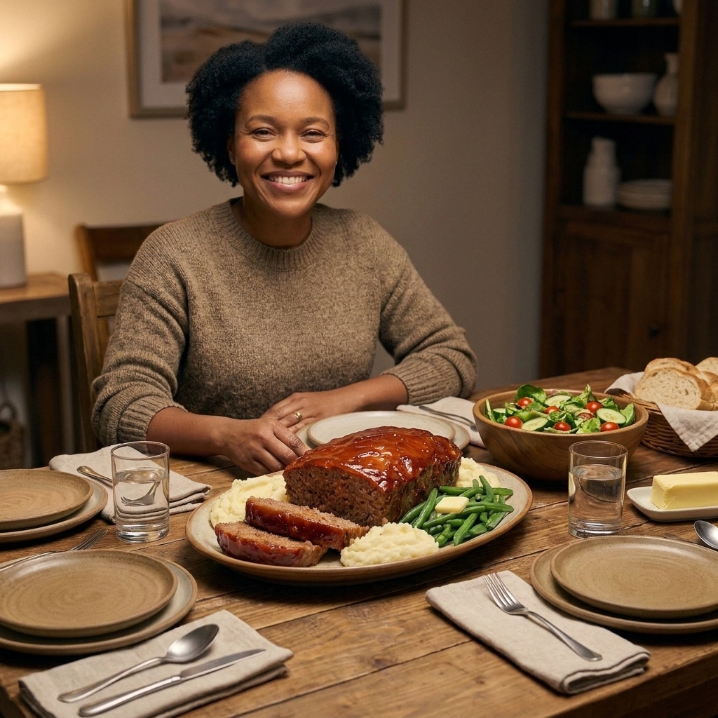 A cozy dinner table with a platter of glazed meatloaf, mashed potatoes, green beans, and a simple salad, with plates and cutlery set for a family meal