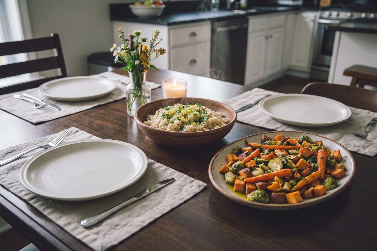 A cozy dinner table with a serving bowl of brown rice, a platter of roasted vegetables, and simple plates ready for a family meal