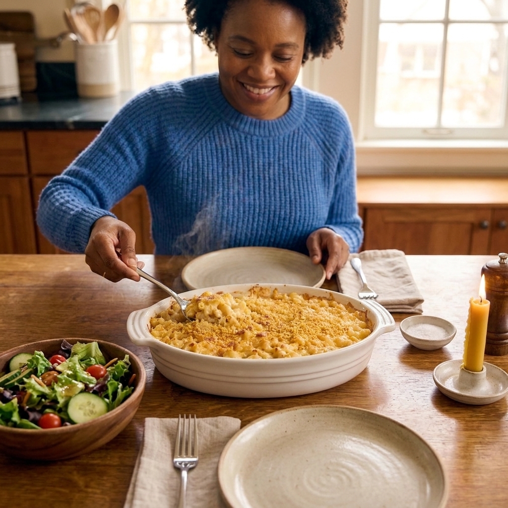 A cozy dinner table with a serving dish of baked mac and cheese, plates, forks, and a simple green salad